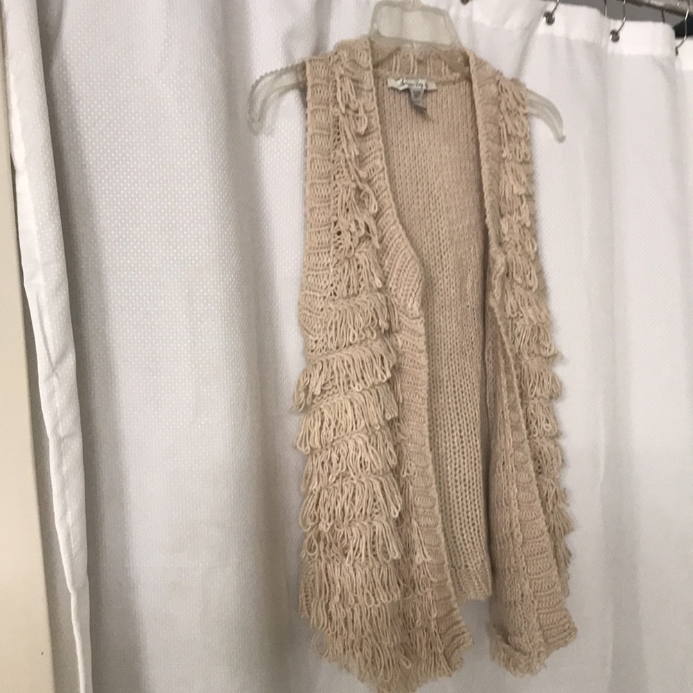 American Rag Beige Knitted Shag Fringe Cardigan - Picture 5 of 7